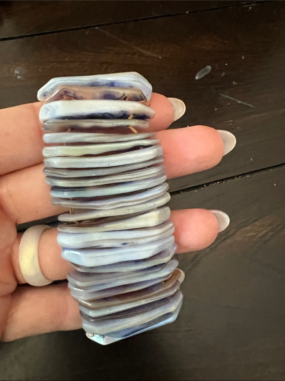 Iridescent Shell Stretch Bracelet - Cream & Light Blue - Picture 2 of 4